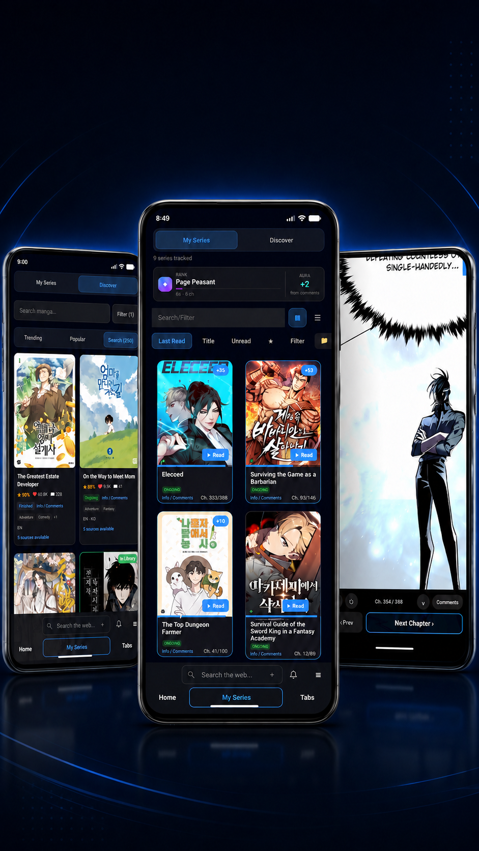 MangaTrackr mobile app showing library, discover, and reader views